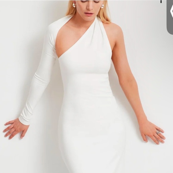 Marcella Manhattan slit gown asymmetrical hem midi length in white ponte stretch - Picture 2 of 8